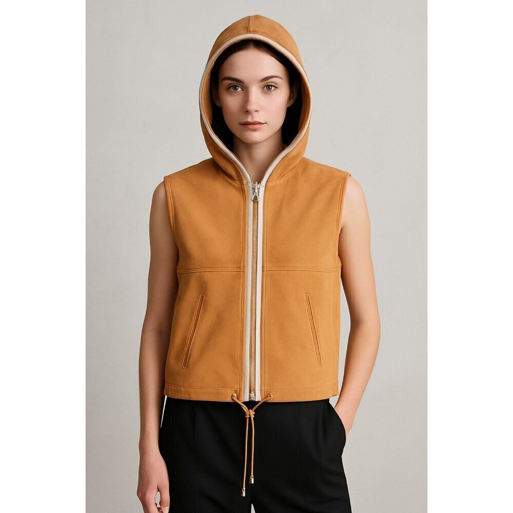 YOGO by Goes Goat Suede Hooded Vest Tan Leather Sleeveless Jacket Size 40